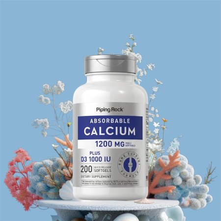 ‏، كالسيوم قابل للامتصاص مع D3، بقوة 1,200 ملغ، 200 كبسولة هلامية سريعة المفعول (Piping Rock, Absorbable Calcium Plus D3 1000 IU, 1,200 mg, 200 Quick Release Softgels   