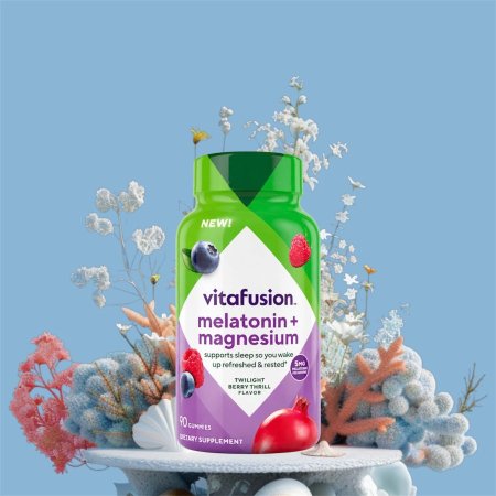 فيتافيوجن، ميلاتونين + مغنيسيوم، بنكهة توت الشفق والرمان، 90 قطعة هلامية (Vitafusion, Melatonin + Magnesium, Twilight Berry Thrill, 90 Gummies