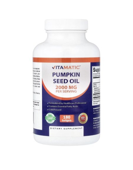 فيتاماتيك، زيت بذور اليقطين، 2000 مجم لكل جرعة، صحة البروستاتا، 180 كبسولة هلامية (Vitamatic, Pumpkin Seed Oil, 2000 mg Per Serving, 180 Softgels)