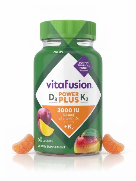 فيتافيوجن، دي 3 باور بلس كي 2، بنكهة الفواكه الاستوائية، 60 حبة (Vitafusion, D3 Power Plus K2, Poppin' Tropical Punch Flavor, 60 Gummies)