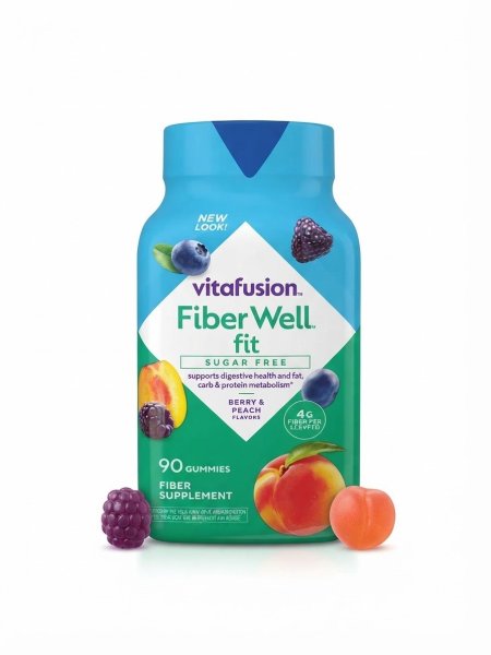 فيتافيوجن، فايبر ويل فيت، خالي من السكر، بنكهة التوت والخوخ، 90 حبة (Vitafusion, Fiber Well Fit, Sugar Free, Berry & Peach Flavors, 90 Gummies)